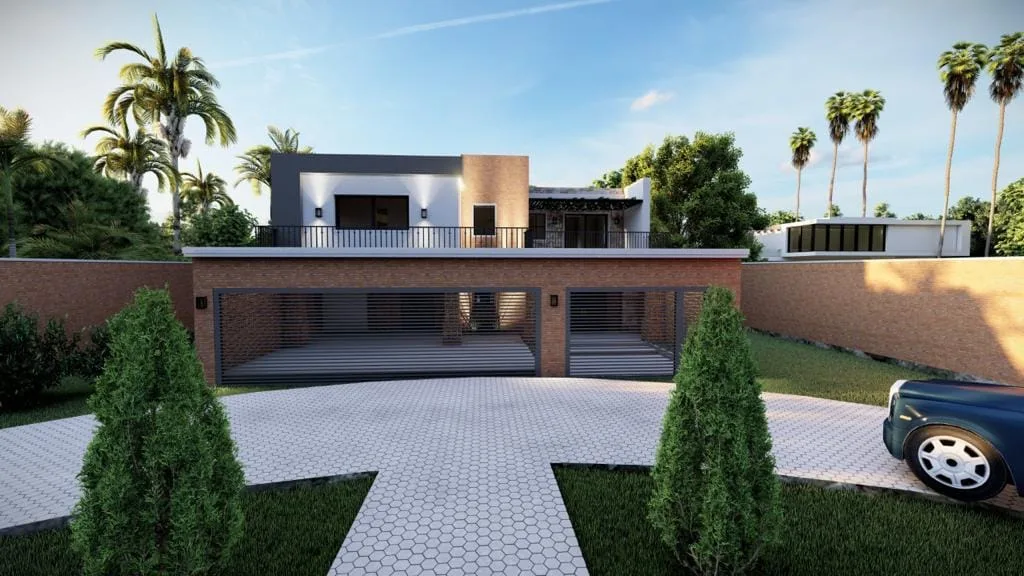 Render de fachada residencial con acceso vehicular